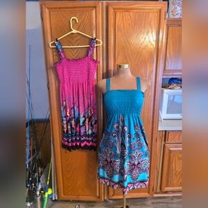 BUNDLE 2 Boho Smocked Paisley Floral Summer Sundresses Blue & Pink